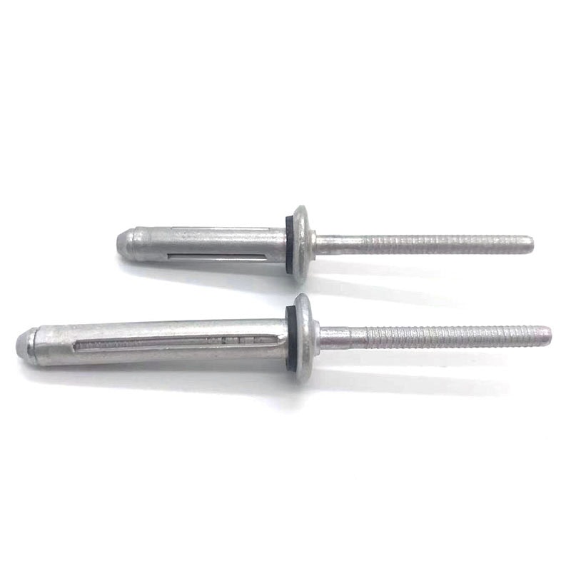 Metal fasteners with threaded shafts and protective caps for industrial use.