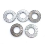 Double fold self-locking washer for secure fastening, DIN 25201 standard.