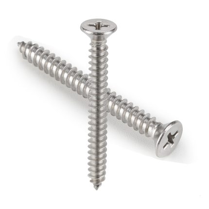 Self tapping screw with flat head and Phillips drive for secure fastening.