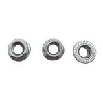 Hex flange nut with serrated flange for secure fastening and vibration resistance.