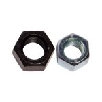 Black and silver hex nuts for mechanical assembly and fastening.