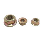 Hex flange nut for secure and stable fastening in machinery and equipment.