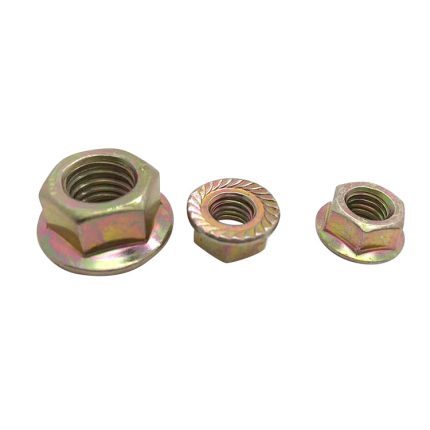 Hex flange nut for secure and stable fastening in machinery and equipment.