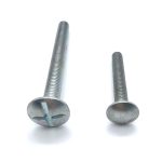Steel carriage bolt with mushroom head and square neck for secure fastening.