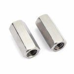 Steel DIN6334 long hex coupling nuts for mechanical assembly and fastening.