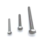Three steel DIN933 hex bolts of different sizes on white background.