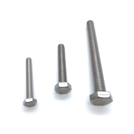 Three steel DIN933 hex bolts of different sizes on white background.