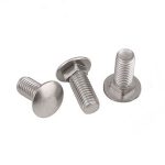 Stainless steel carriage bolt with mushroom head and square neck for secure fastening.