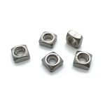 Set of five stainless steel DIN557 square nuts for mechanical fastening.