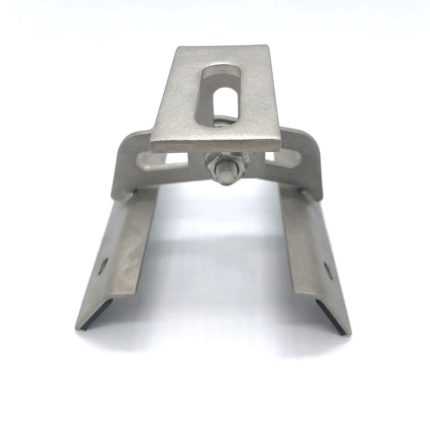 Stainless steel adjustable clamp for solar panel mounting and hardware applications.