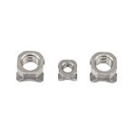 Set of three square weld nuts for secure fastening in mechanical and hardware projects.