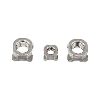 Set of three square weld nuts for secure fastening in mechanical and hardware projects.