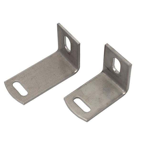 Metal L-shaped brackets for fasteners and hardware applications.