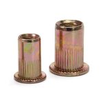 Knurled rivet nuts with a tubular flat head and round body for secure fastening.