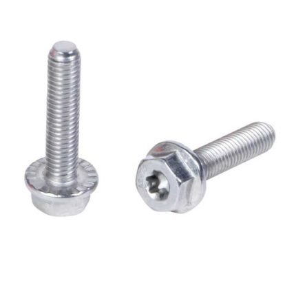 Stainless steel Torx drive hex head flange bolts for mechanical assembly.