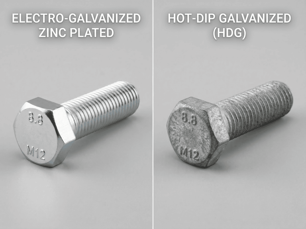 Comparison of electro-galvanized zinc plated and hot-dip galvanized bolts.