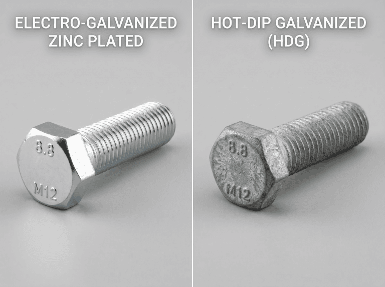 Comparison of electro-galvanized zinc plated and hot-dip galvanized bolts.
