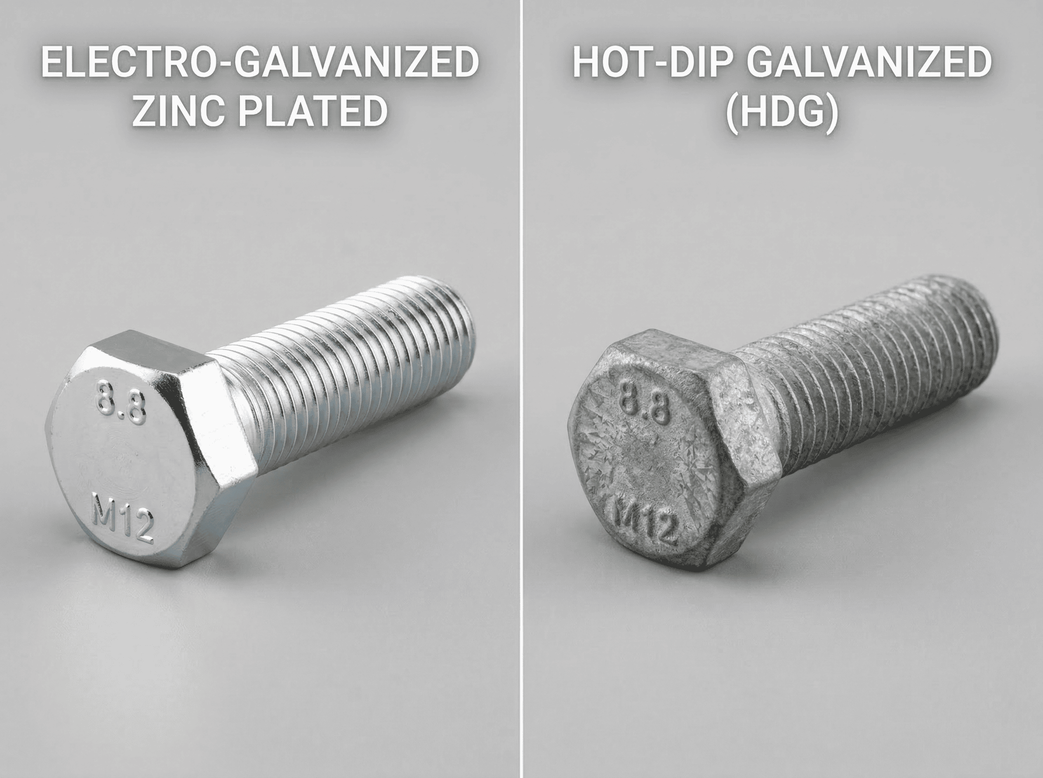 Comparison of electro-galvanized zinc plated and hot-dip galvanized bolts.