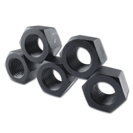 Heavy hex nuts used in industrial fastening applications.