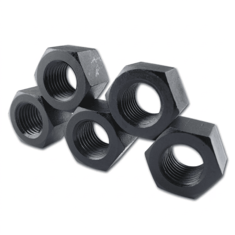 Heavy hex nuts used in industrial fastening applications.