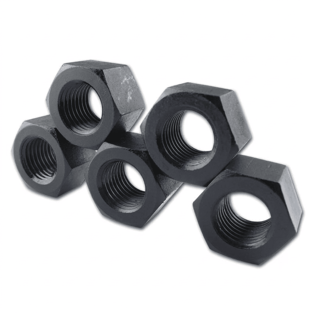 Heavy hex nuts used in industrial fastening applications.