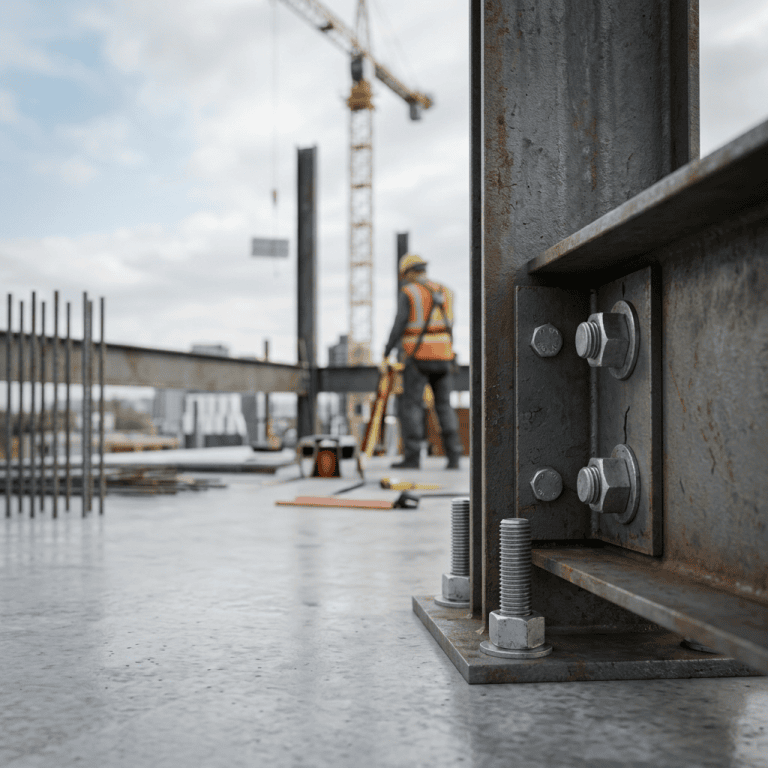 Close-up of steel bolts securing structural steel at construction site.