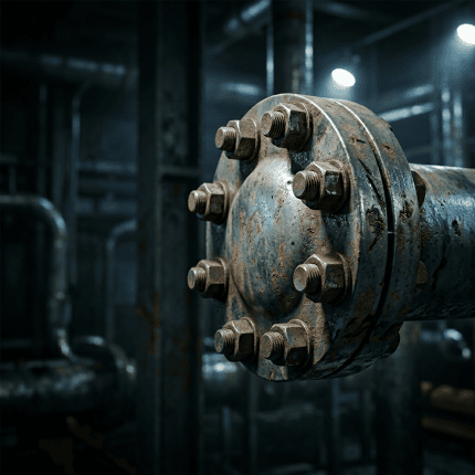 Industrial pipe flange with bolts in a factory environment.
