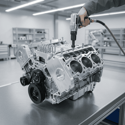 Precision engine block being assembled with advanced tools in a high-tech workshop.
