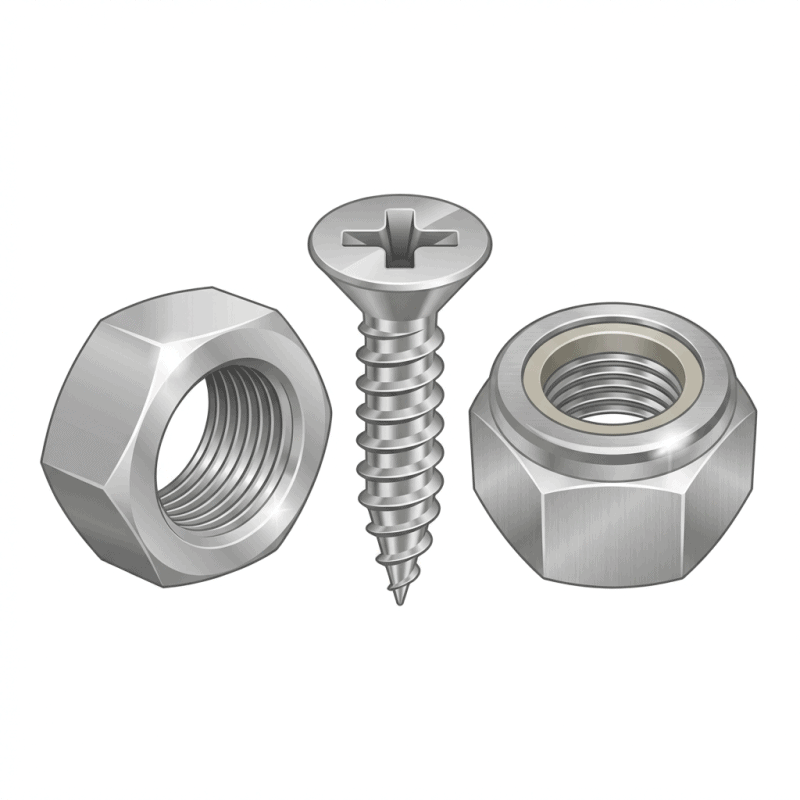 Stainless steel nuts and screw for mechanical fastening.