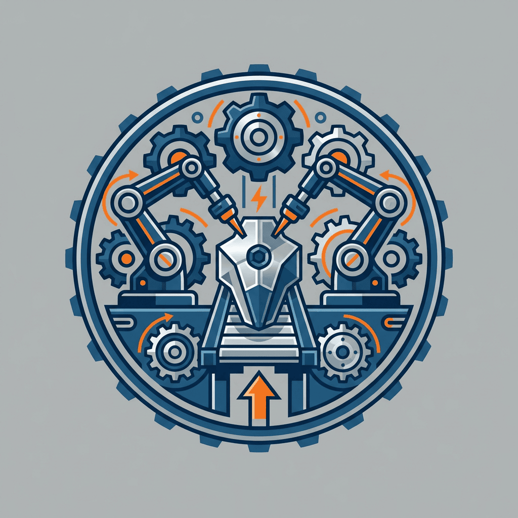Illustration of mechanical fasteners and robotic arms in a gear design, representing industrial hard.
