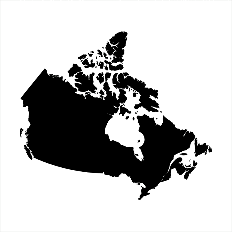 Black silhouette map of Canada highlighting its provinces and territories.