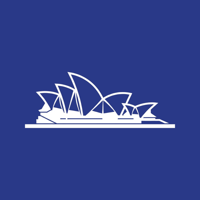 Sydney Opera House silhouette on blue background, representing markets.