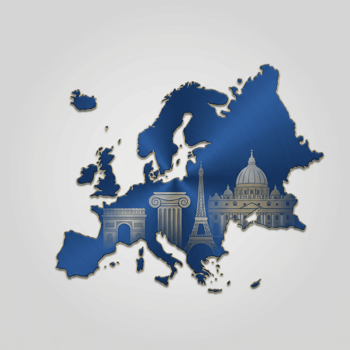 Map of Europe highlighting key markets with famous landmarks.