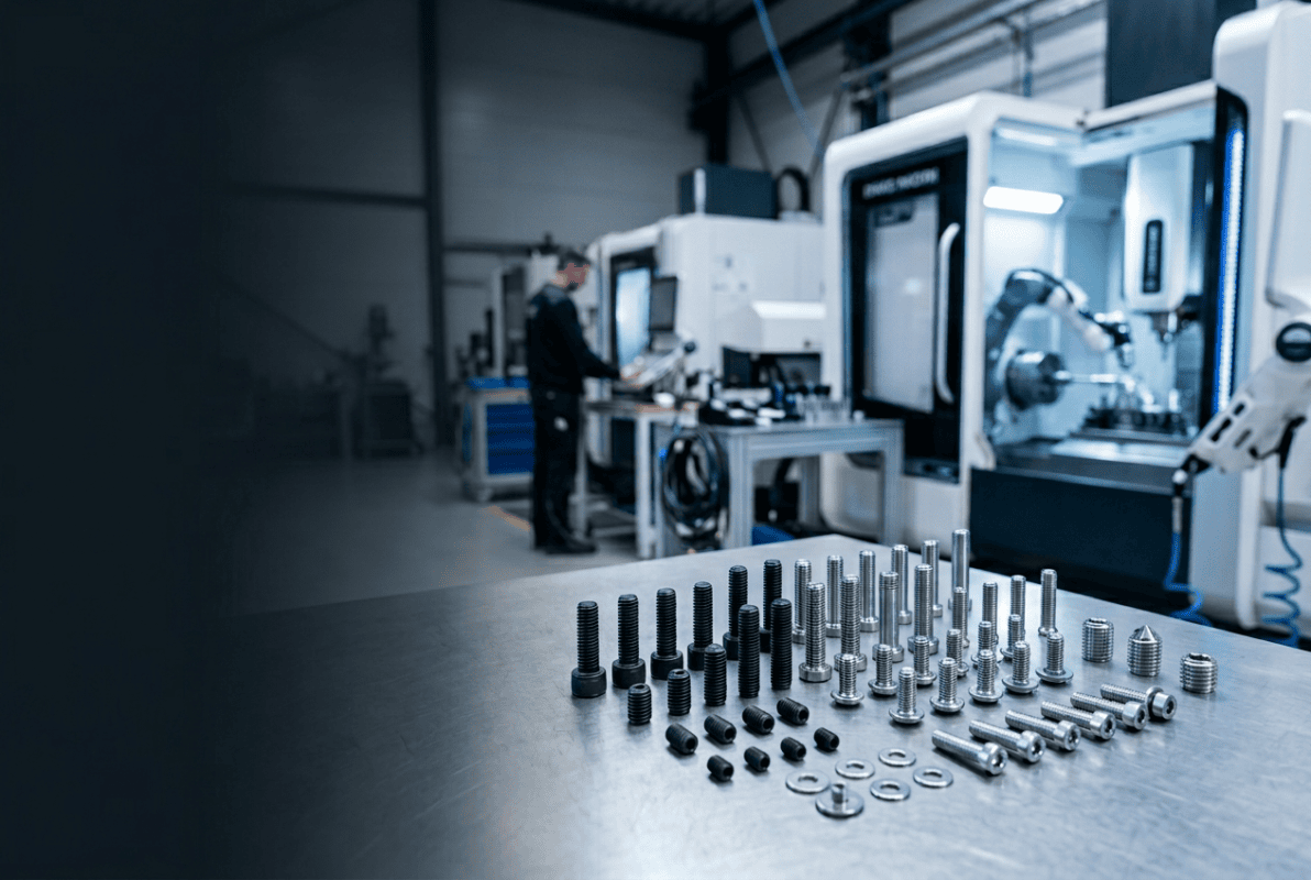 Automotive fasteners and mechanical parts displayed in a manufacturing facility.