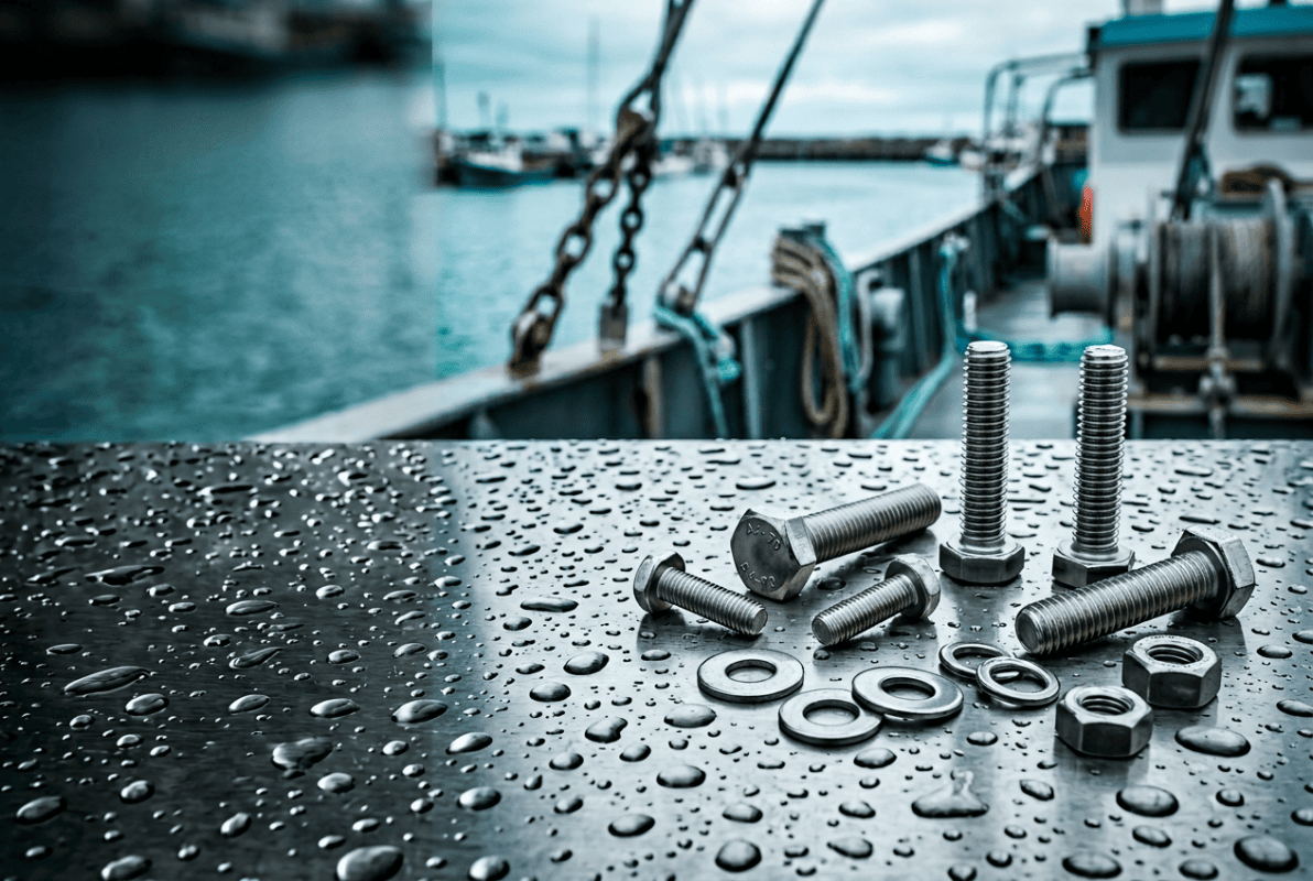 Marine fasteners and hardware on a wet ship deck for automotive applications.