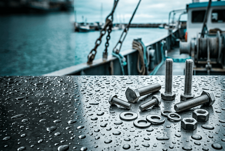 Marine fasteners and hardware on a wet ship deck for automotive applications.