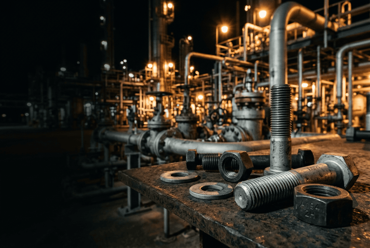 Oil & Gas industry mechanical parts, bolts, and fasteners in an industrial plant setting.
