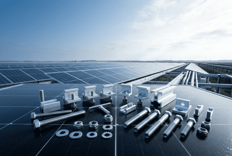 Solar panel mounting hardware for renewable energy systems.