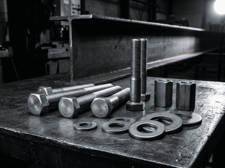 High-quality steel fasteners including bolts, nuts, washers, and spacers.