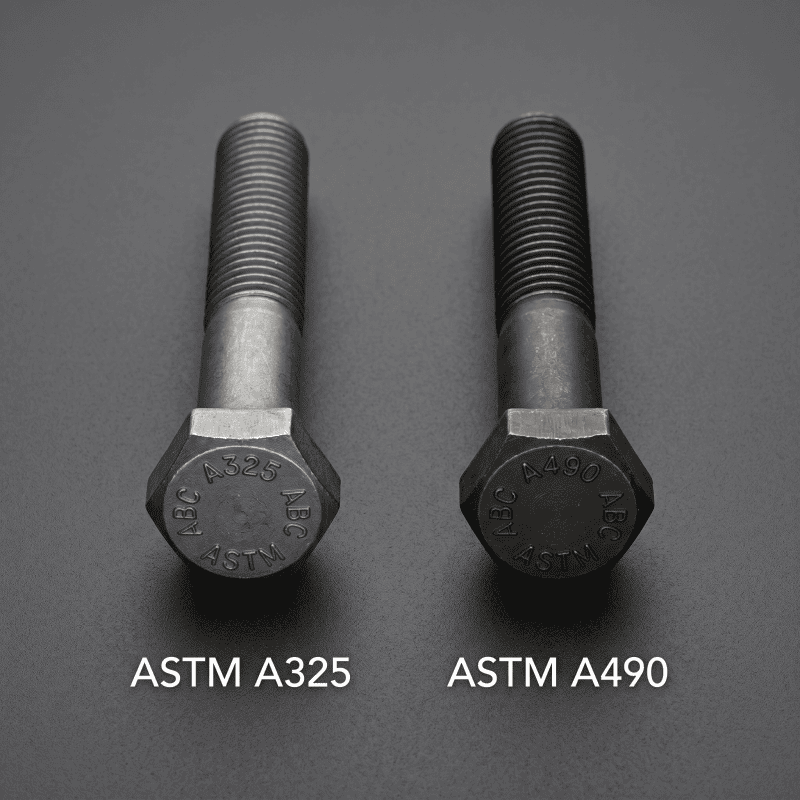 Comparison of ASTM A325 and A490 heavy hex bolts for structural use.