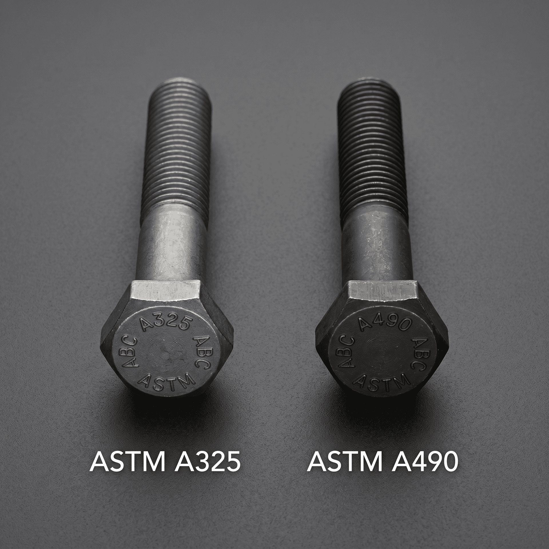 Comparison of ASTM A325 and A490 heavy hex bolts for structural use.