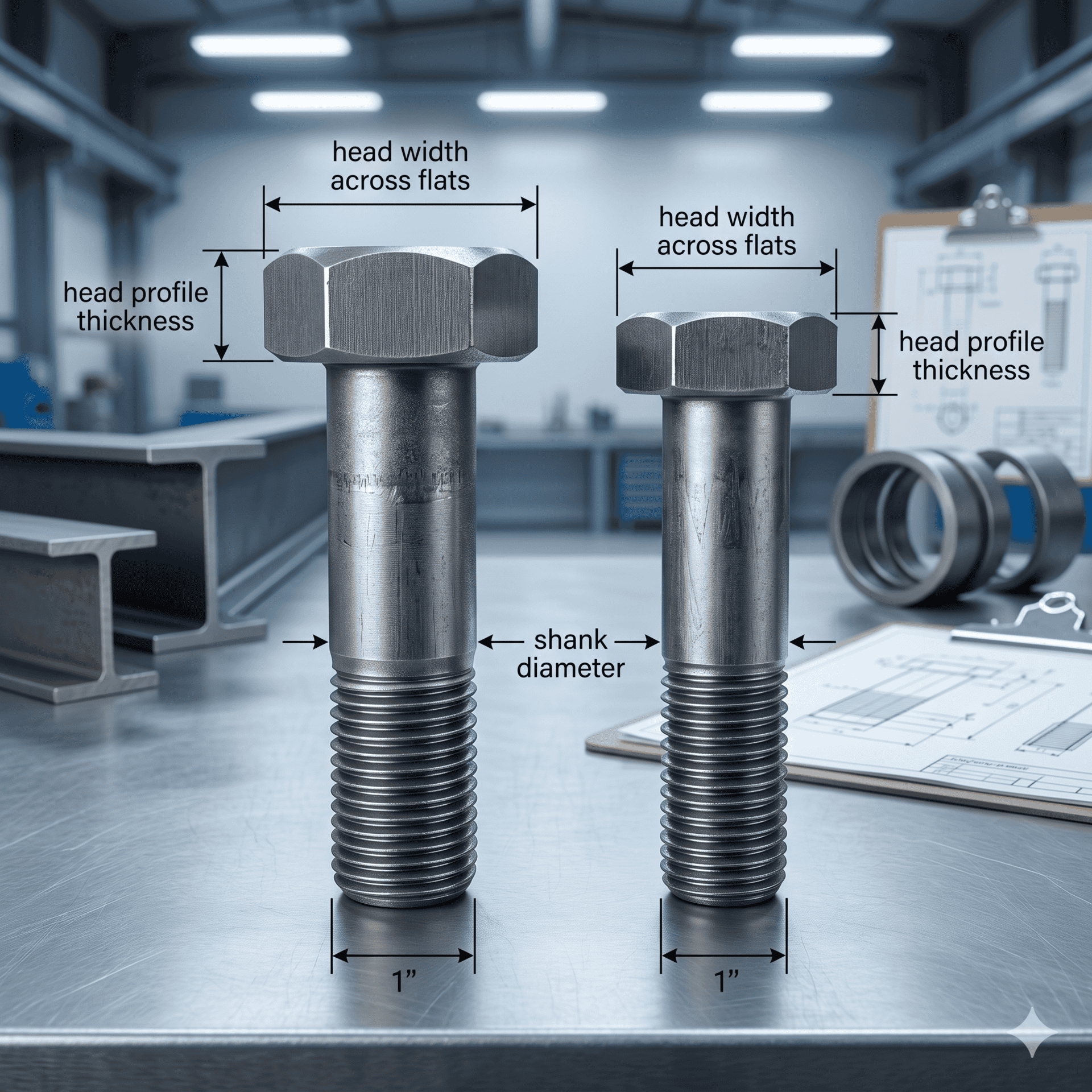 Bolt with precise dimensions, including head width, profile thickness, and shank diameter.