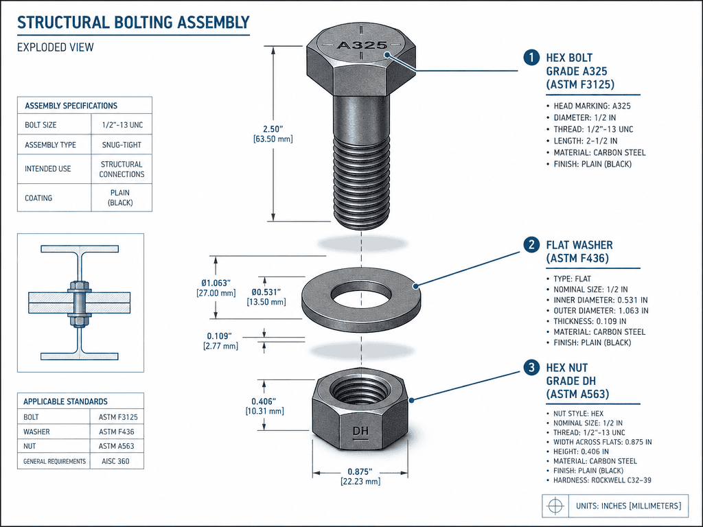 Heavy hex structural bolts and nuts used in steel construction