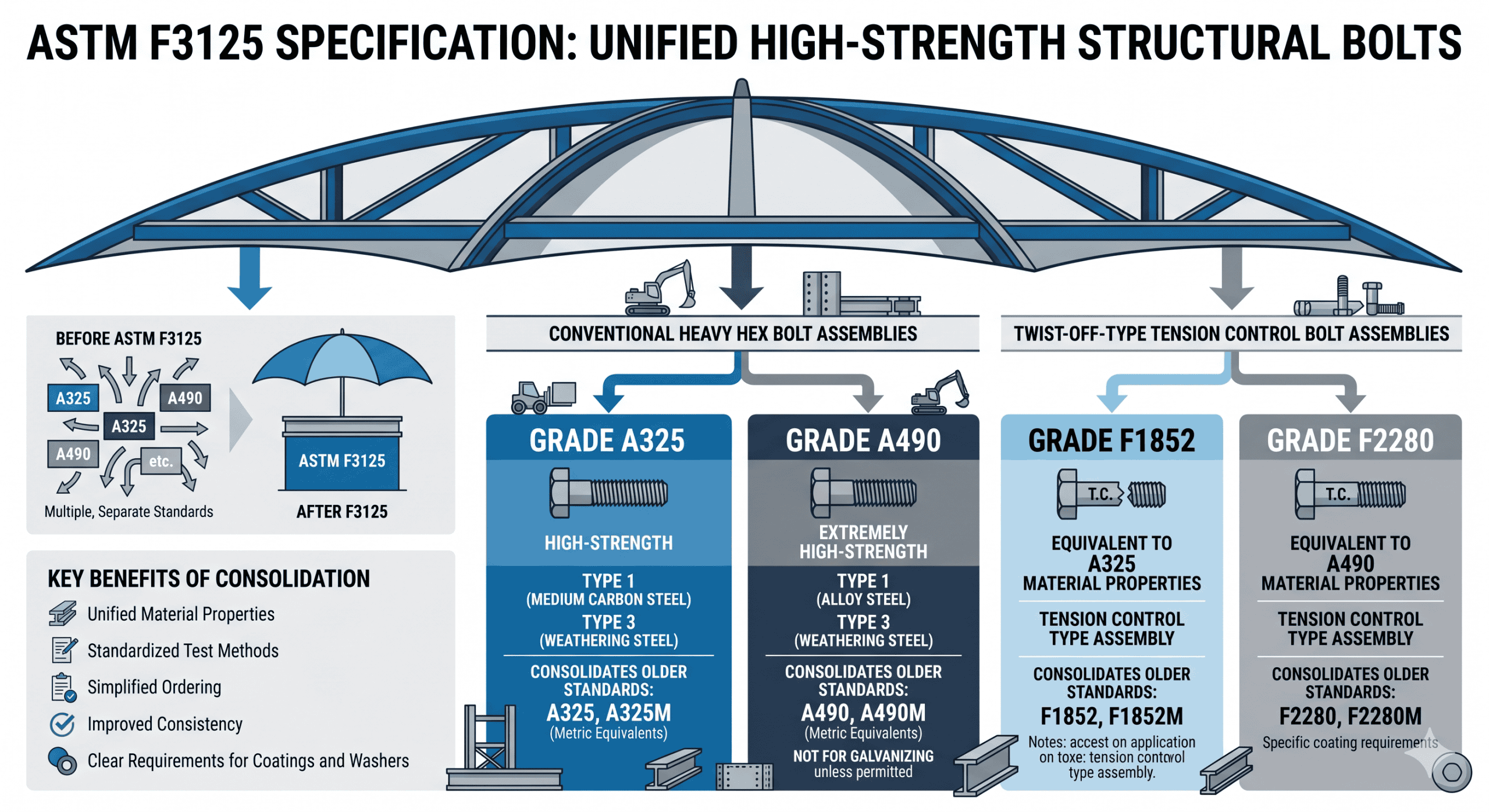 Heavy hex structural bolts and nuts used in steel construction