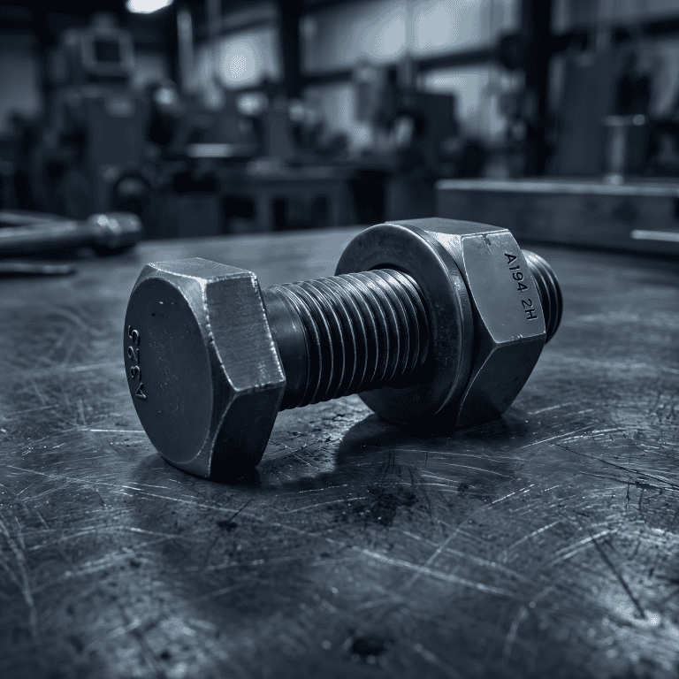 Heavy hex bolt and nut for structural steel connections on workshop table.