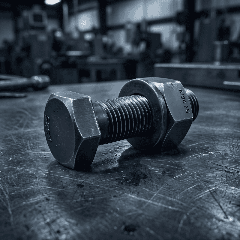 Heavy hex bolt and nut for structural steel connections on workshop table.