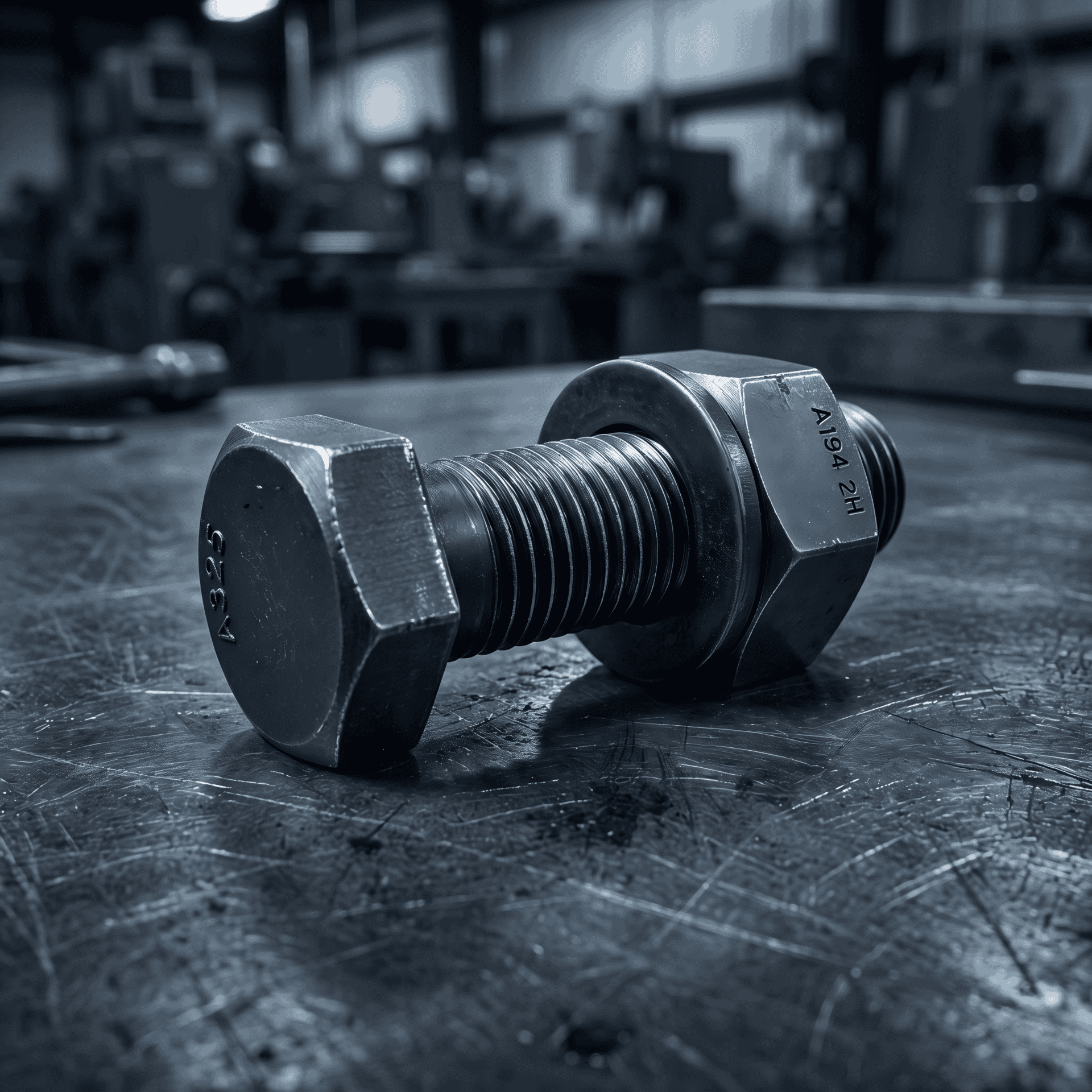 Heavy hex bolt and nut for structural steel connections on workshop table.
