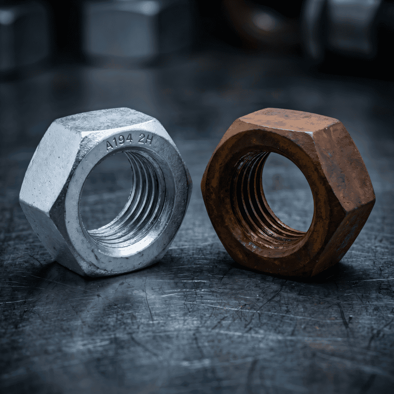 Two heavy hex nuts, one silver and one rusted, on a dark surface for structural bolting.